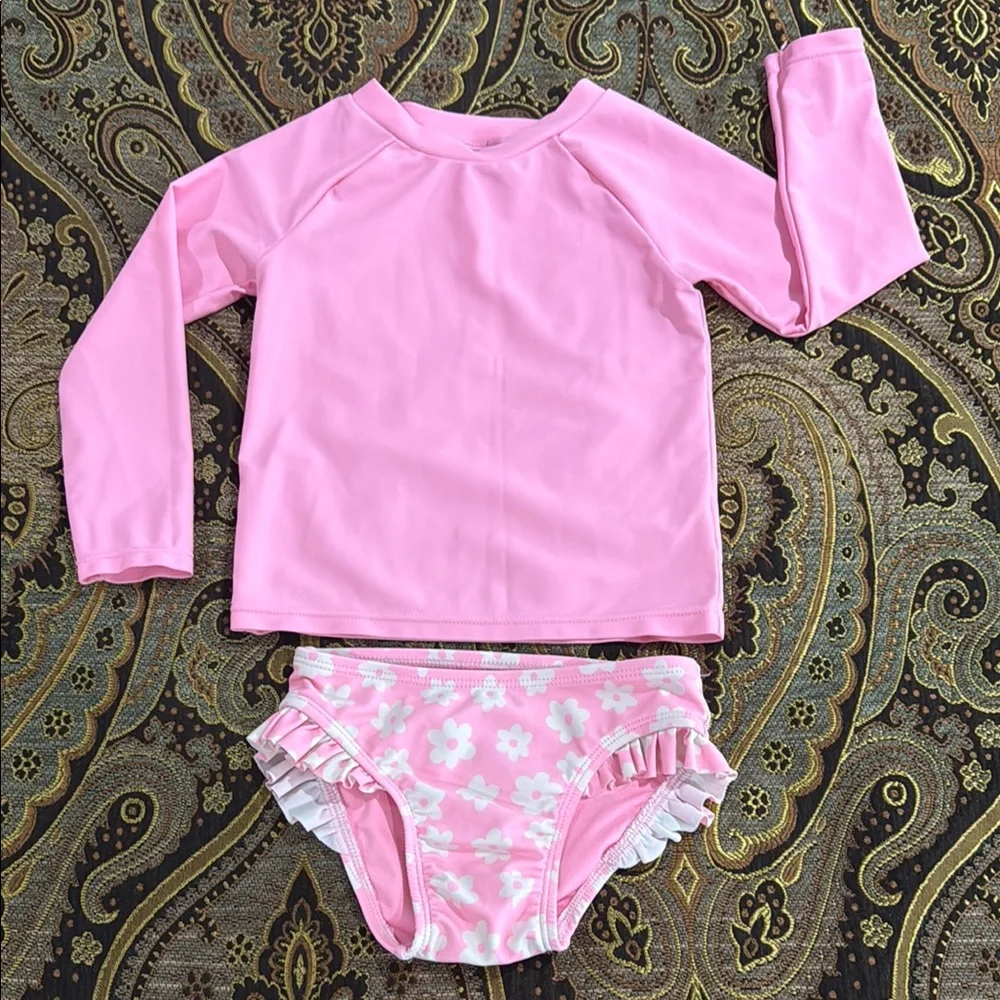 Old Navy Pink Floral 2 Piece Swim Set Rash Guard & Ruffle Bottom Baby 18-24 Mos